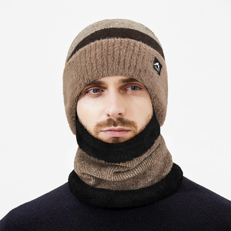 Winter Wool Warm Color-Matching Ear Protection Knitted Hat Men's Outdoor Cold-Proof Velvet Neck Set Two-Piece Wool Hat