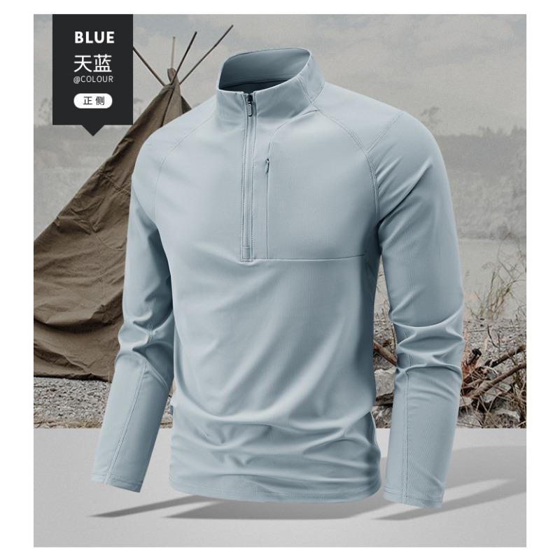 Polo da uomo a maniche lunghe con mezza zip, ad asciugatura rapida, in seta ghiacciata, per fitness e corsa