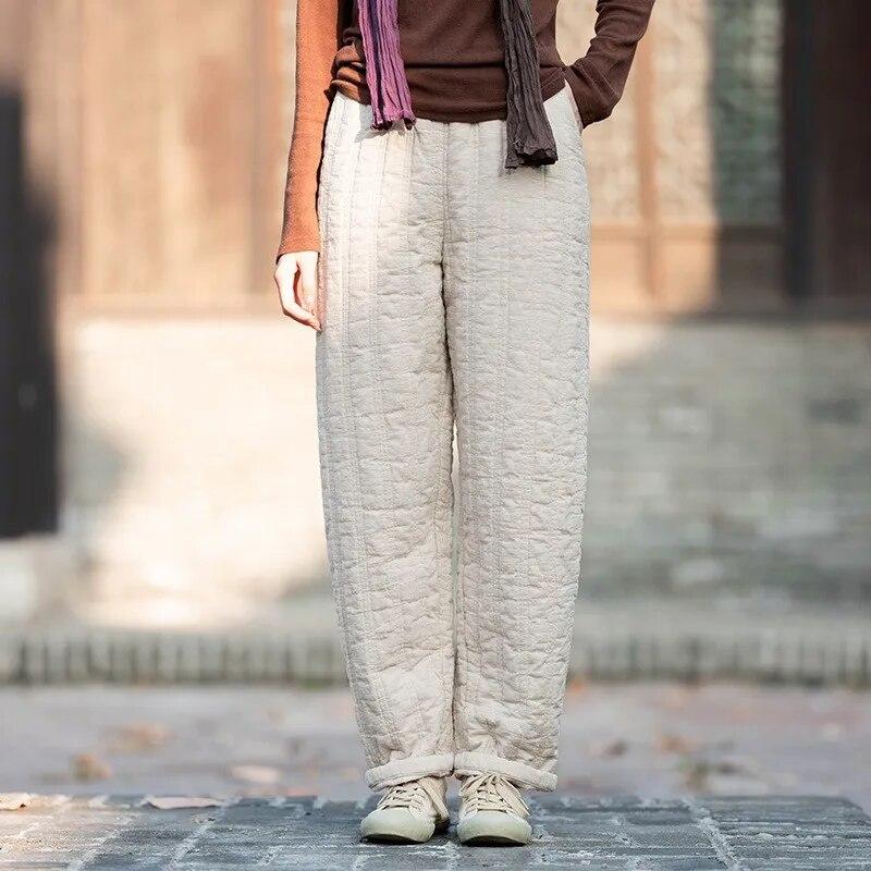 Johnature Women Vintage Warm Straight Pants Plus Cotton Winter Linen Trouser Elastic Waist Solid Color Women Soft Pants