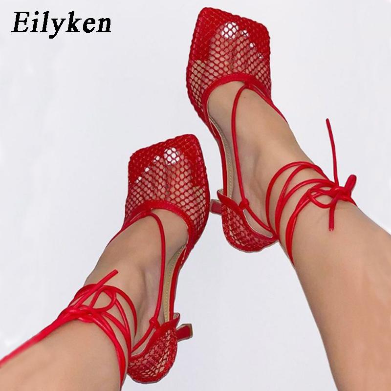 Fashion Eilyken Summer Autumn Sexy Mesh Pumps Sandals Female Square Toe High Heel Lace Up Cross-tied Stiletto Hollow Dress Stripper Shoe