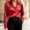 Women's Long Sleeve Satin Button-Up Shirt with Lapel Collar Casual Blouse Top