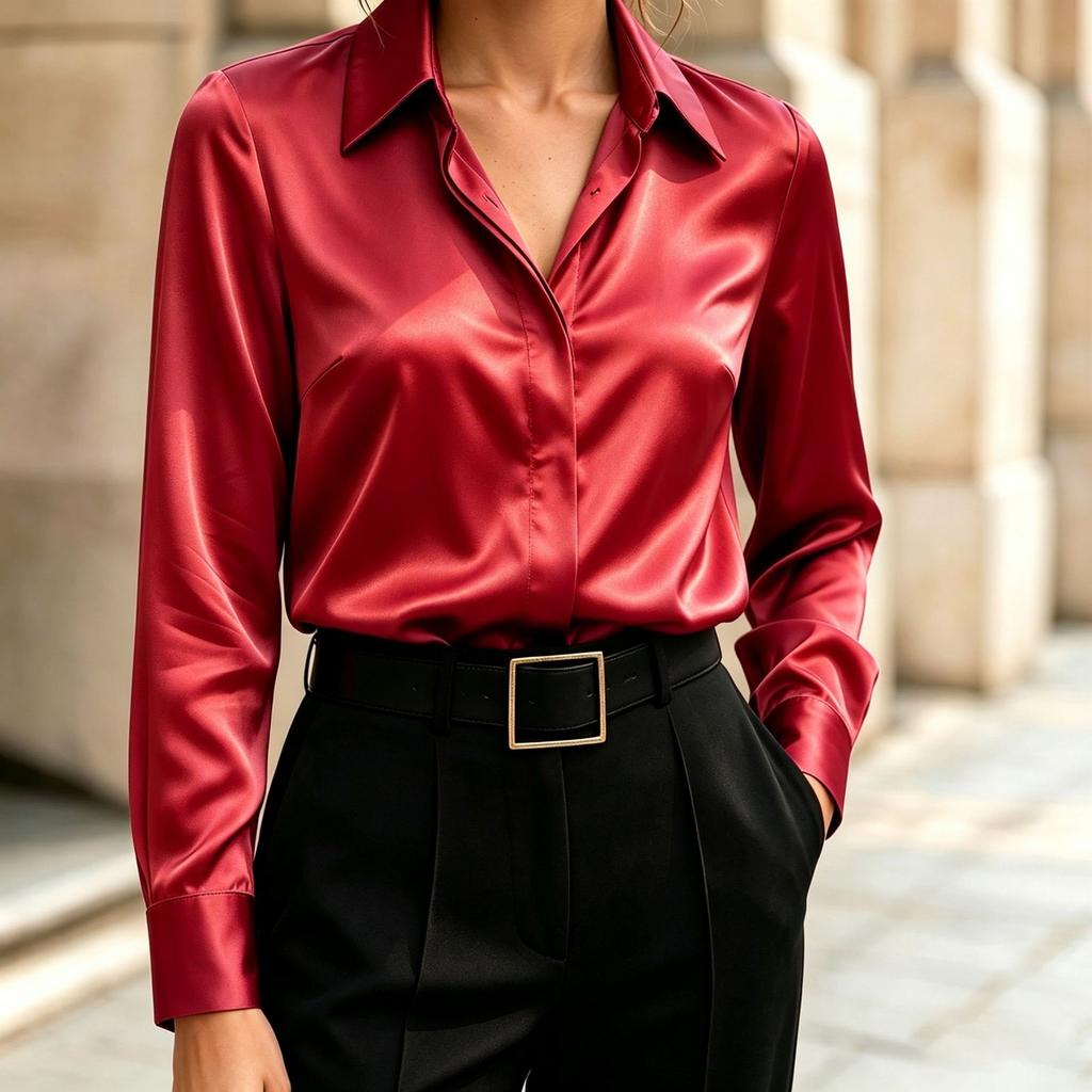 Women's Long Sleeve Satin Button-Up Shirt with Lapel Collar Casual Blouse Top