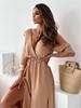 2024 Summer Women's Solid Color Lace-Up Waist Slit Dress with Hollowed-Out Design