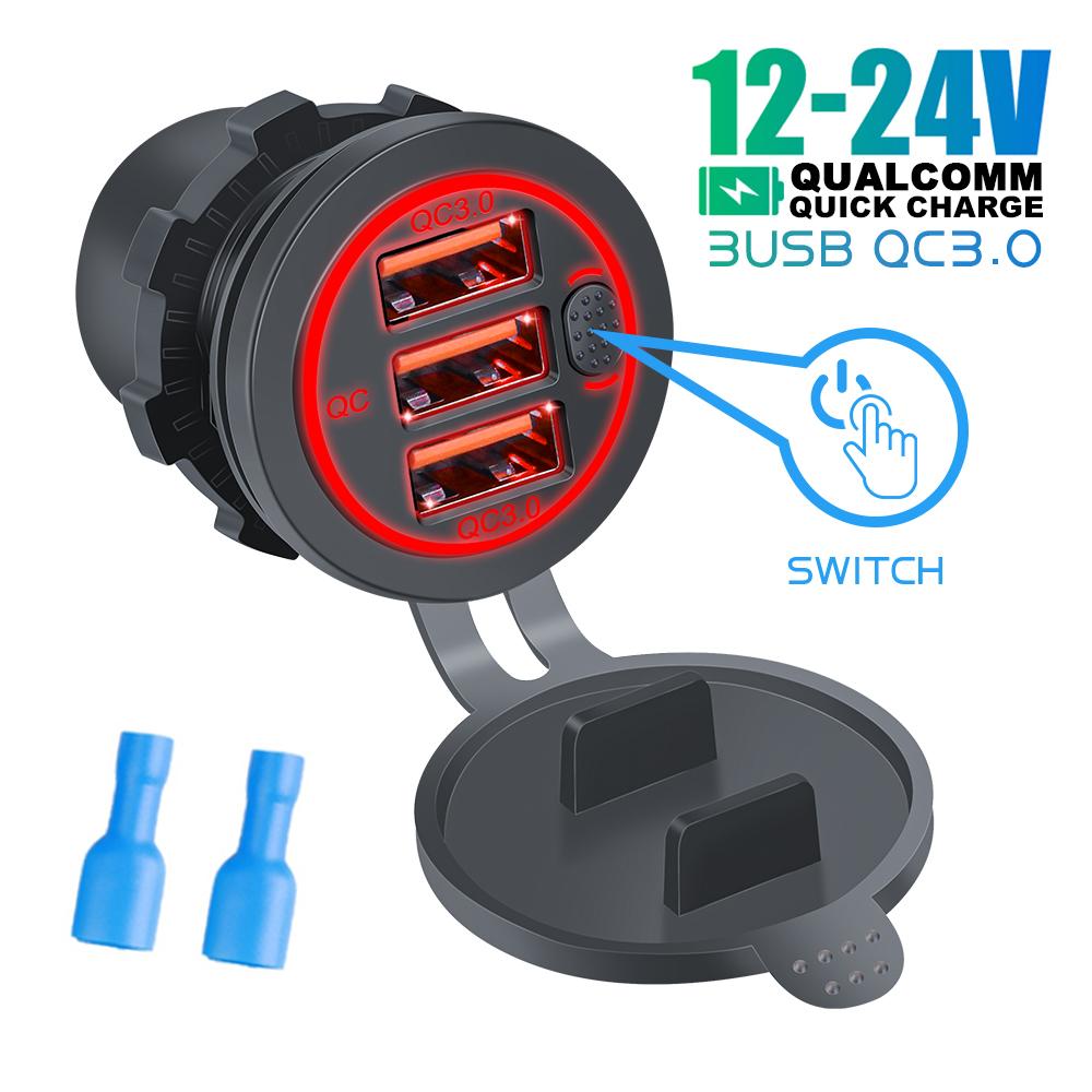 12V/24V Triple Ports 68W USB-C Multiple Car Charger Socket PD3.0 3USB QC3.0 Ports With Touch Switch Fast Car Adapter