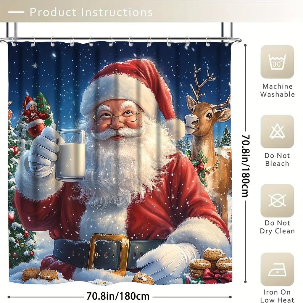 4-teiliges Weihnachtsmann-Duschvorhang-Set mit rutschfester Badematte, Toilettendeckelbezug, Kontur-Teppich & 12 Haken, Badezimmerdekoration