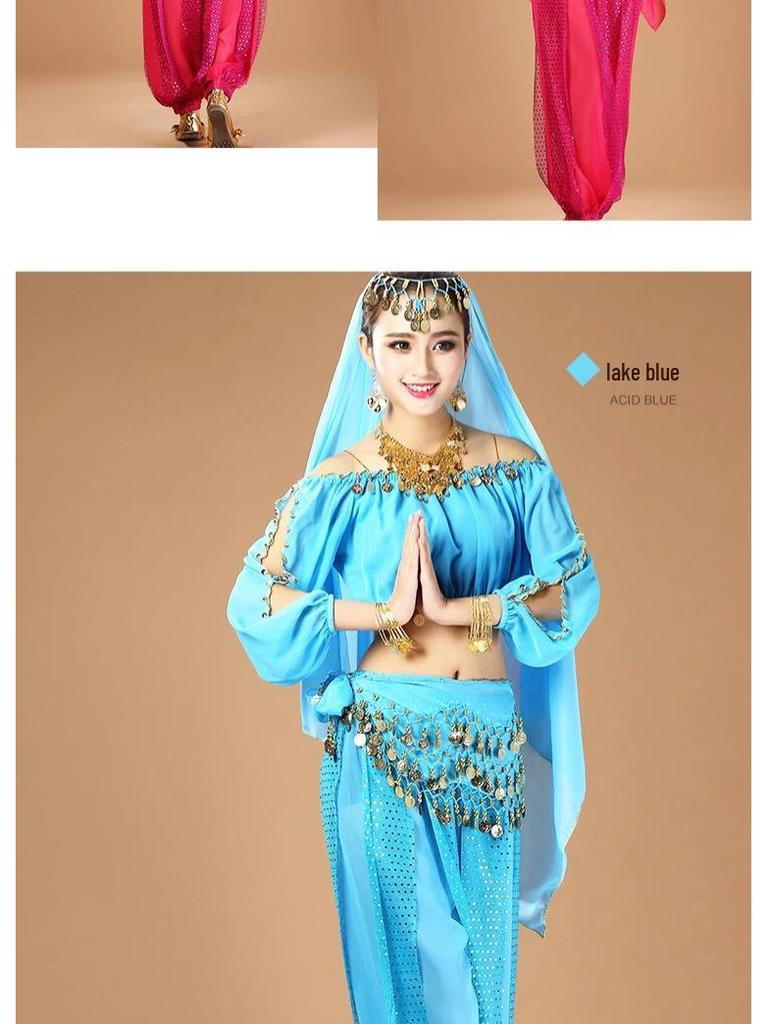 Dámský indický kostým pro břišní tanec s dlouhým rukávem pro vystoupení a praxi