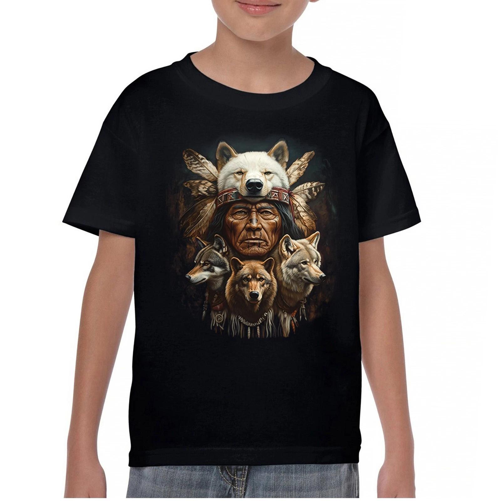 Native American Wolf Chief Youth kids boys T-Shirt Headdress Warrior Wolves Totem Kids 100