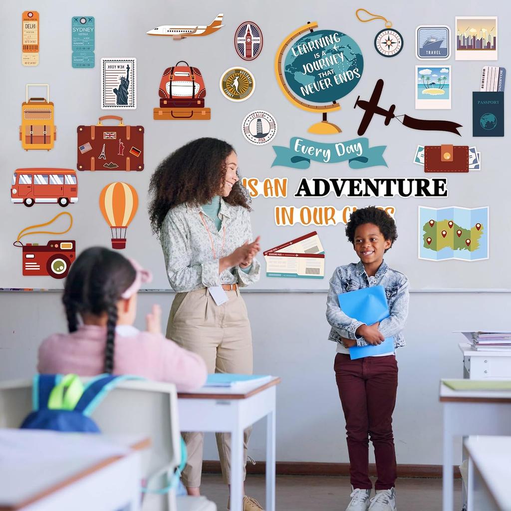 Travel Bulletin Board Decoration Learning Is a Journey Bulletin Cutouts Adventure Theme Classroom Decor Travel Map Poster Set for Teachers Students