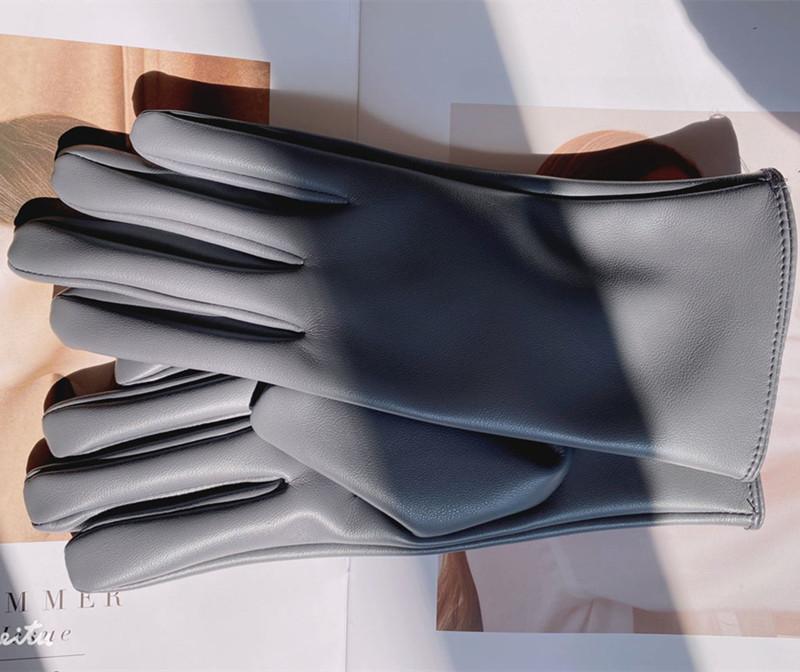 Leather Gloves Wind Color Men'S And Women'S Leather Pu Gloves Fleece Warm Windproof Solid Color Cycling Gloves