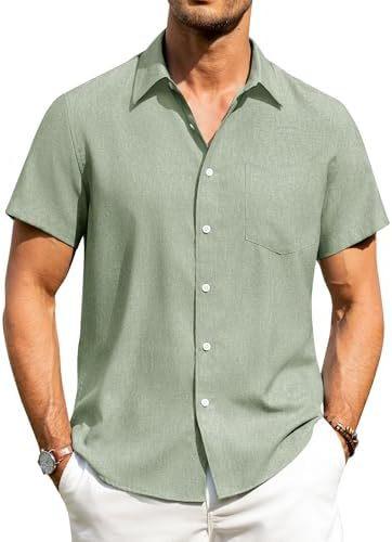 Alimens & Gentle Men's Linen Shirt Short Sleeve Button Up Shirt Wrinkle Free Casual Vacation Beach Summer
