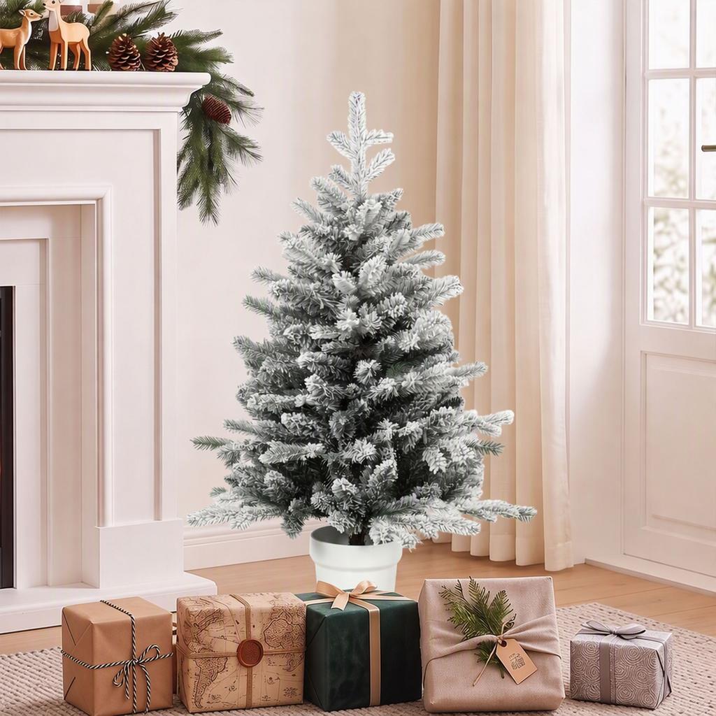 Mini 90 cm Christmas Tree with 296 Branch Tips Snow Effect Pot, Mini Tabletop Tree for Home Office, White