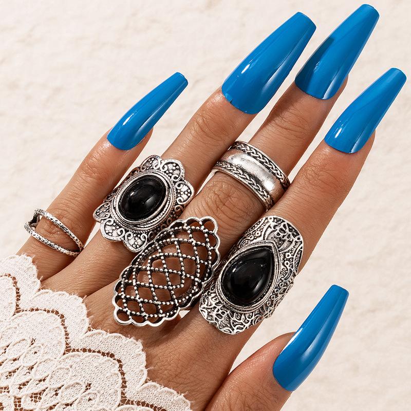 Black and White Emerald Ring, Personalized Retro Drip Cross Hollow Wide Edge Ring 5-piece Set for Men and Women