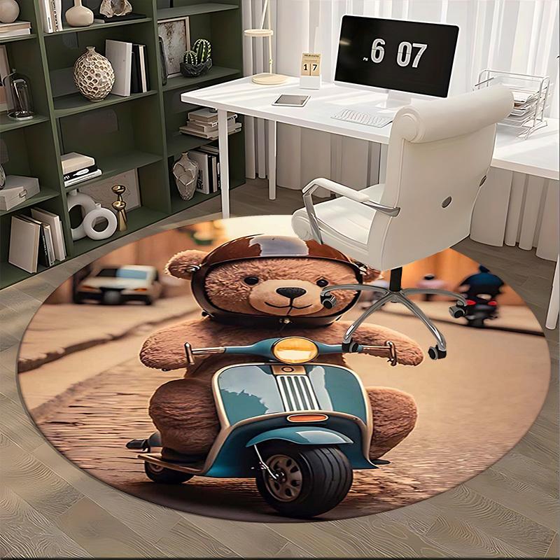 1pc Teddy Bear On Scooter Round Carpet - Anime Design, Office Chair Mat, Non-Slip Rug, Seasonal Gift, Suitable for Home Decor, Living Room, Bedroom, G