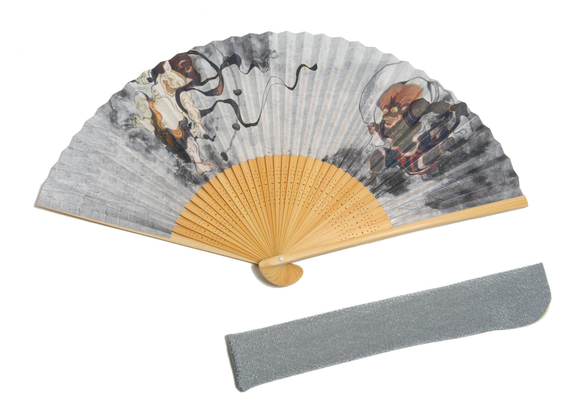Folding Fan Fujin and Raijin God and Thunder White Round Handmade by Kyoto Comes with Fan Case and Gift Box [Hasegawa] - (Wind God) Design, Carving,
