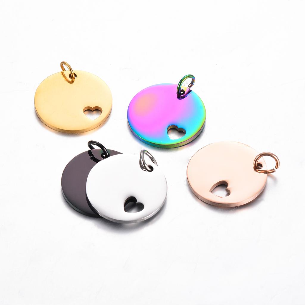 5Pcs Wholesale 5 Colors Round Tag with Hollow Heart Charm Pendant Stainless Steel Jewelry High Polished Size 25mm