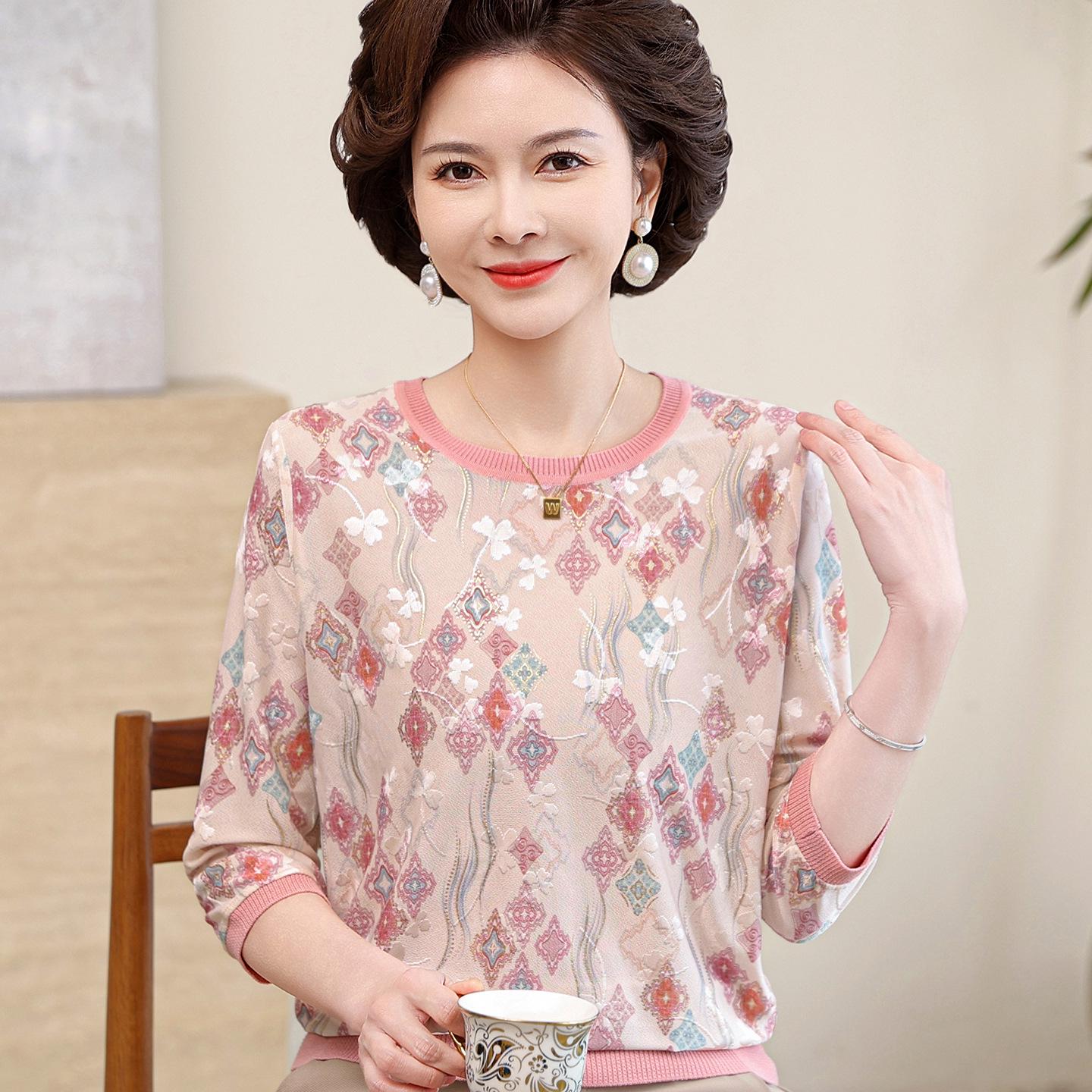 

Round Neck Short-Sleeve T-Shirt for Middle-Aged Women - Summer/Spring Wear 2XL (110-120 jin) рожевий