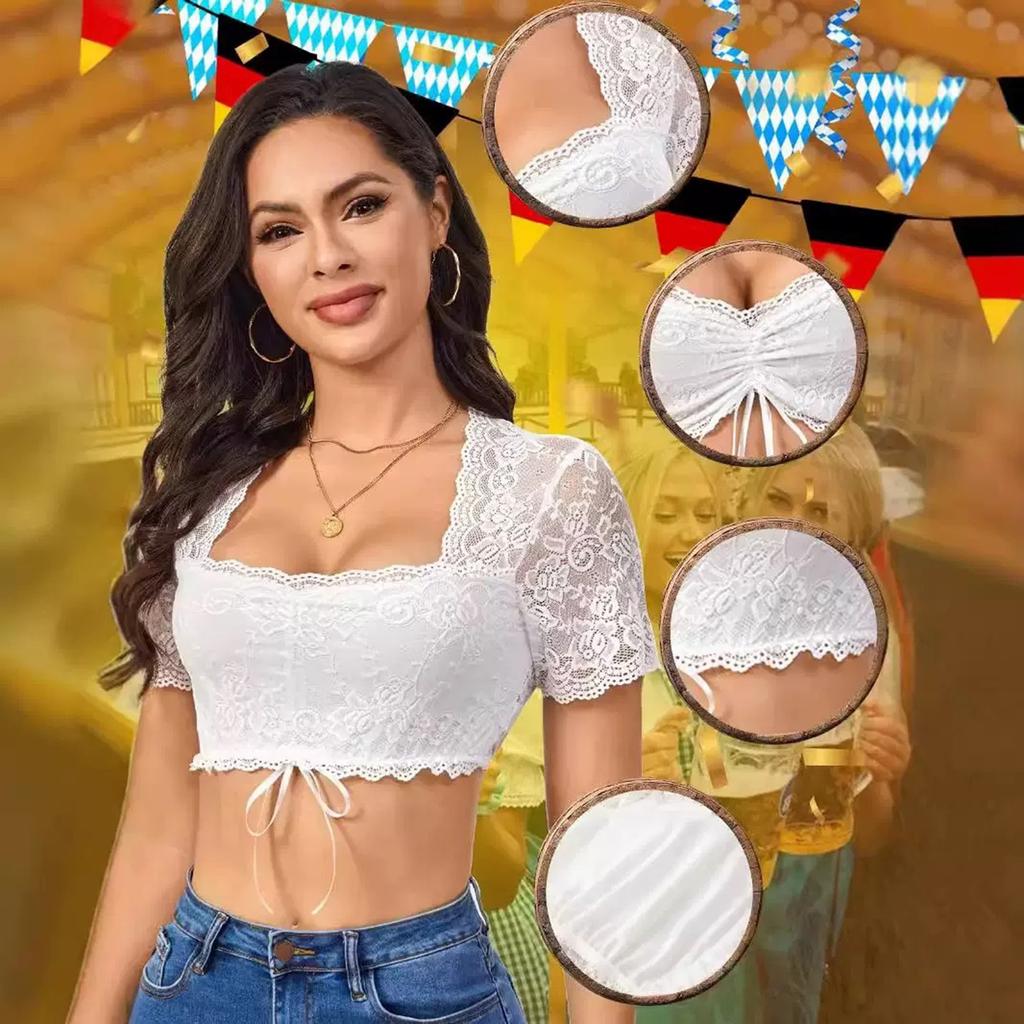 Women Lace Short Sleeve Crop Top Ruched Front Drawstring Blouse Scalloped Square Neck Stretchy Festival Shirt