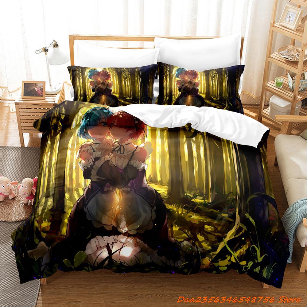 Comforter Re Zero Rem Ram Bedding Set Cartoon Anime Three-Piece Set Adult Kid Bedroom Duvet Sets 3D Kawaii Girl Twin Set