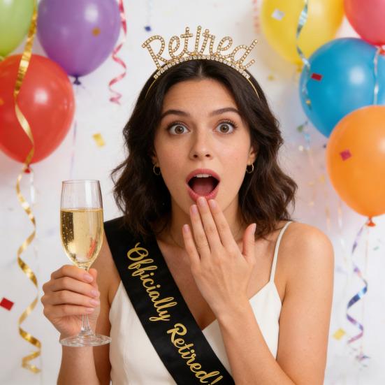 2 st/set pensionsfestskärp tiara-kit roséguld pensionskrona satinbälte med sidokammar festtillbehör