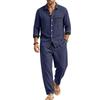Men's Linen 2-Piece Outfit Lightweight Breathable Color Block Shirt and Straight Leg Pants Loose Fit Casual Set