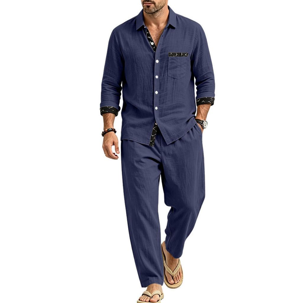 Men's Linen 2-Piece Outfit Lightweight Breathable Color Block Shirt and Straight Leg Pants Loose Fit Casual Set