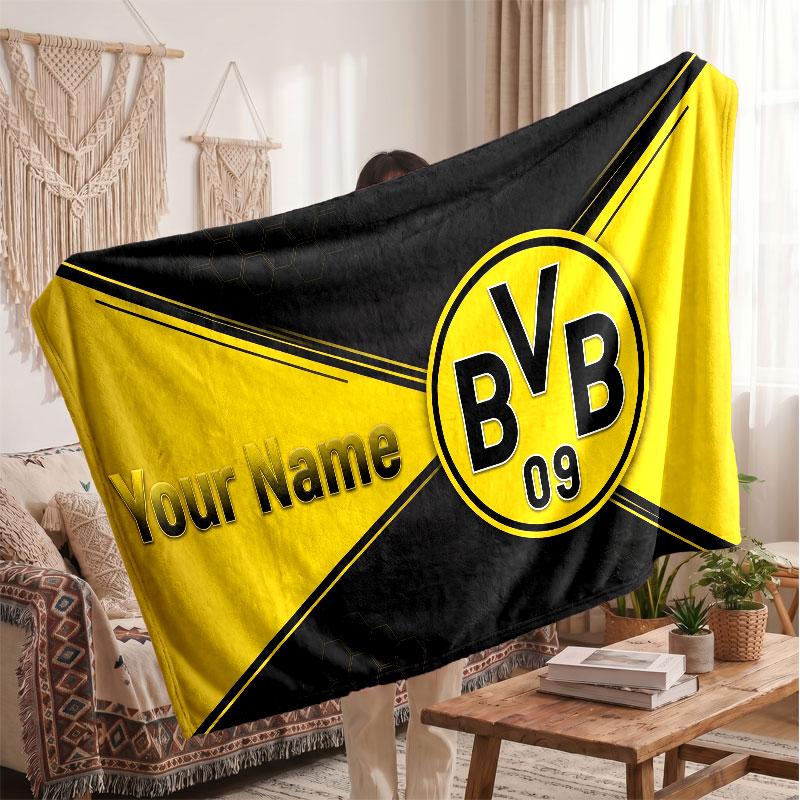 Borussia Dortmund Personalized Fleece Blanket With Football Logo, Custom Name Text Soft Warm Home Throw Blanket