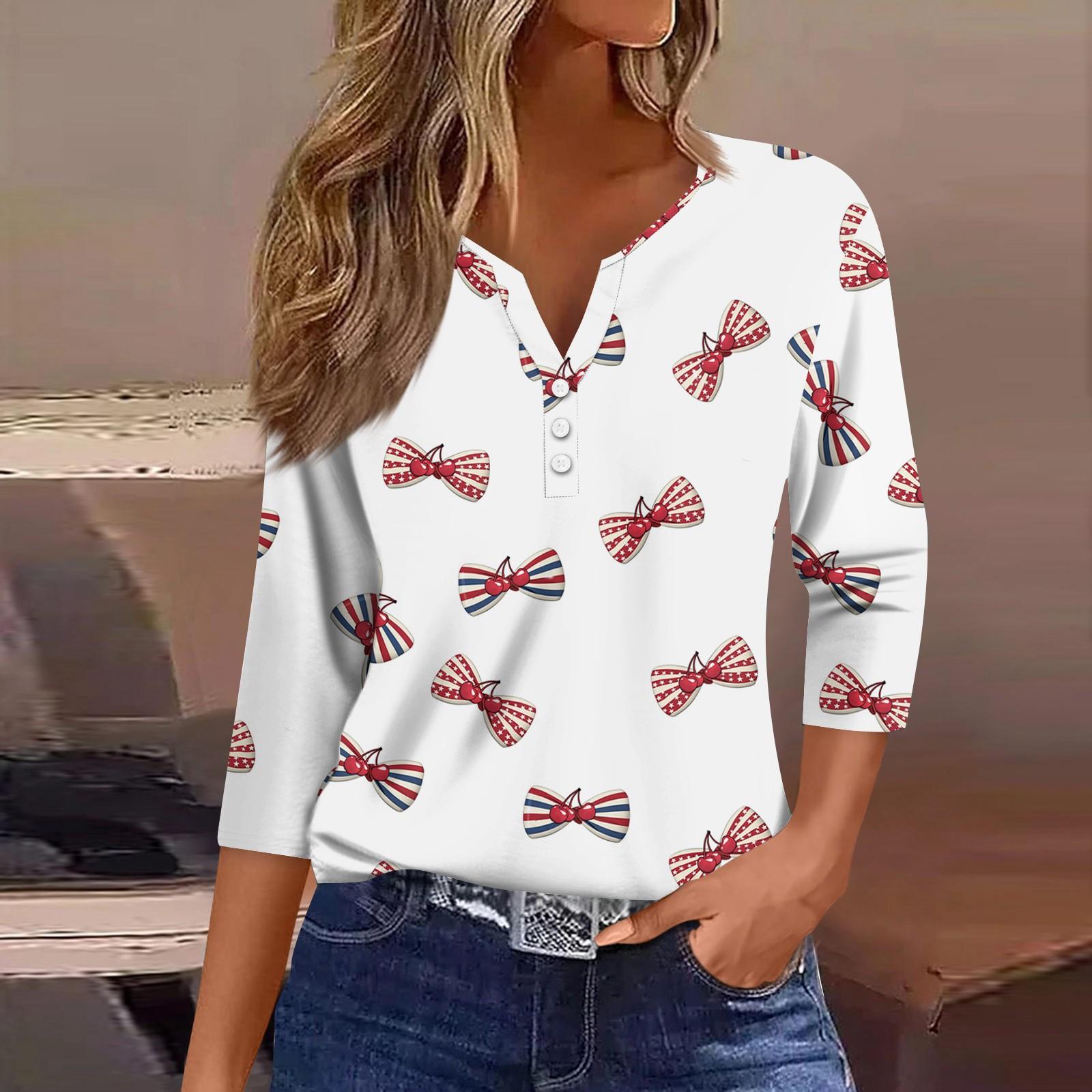 

3/4 Length Sleeve Womens Tops Print Vintage Fashion Casual Loose With V Neck Plus Size Shirts Independence Day XL білий