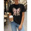 European Size Women's Rhinestone Bow & Leopard Print Short-Sleeve T-Shirt - Sparkling Top with Round Neck, Soft Blouse for Spring Summer Fall Parties