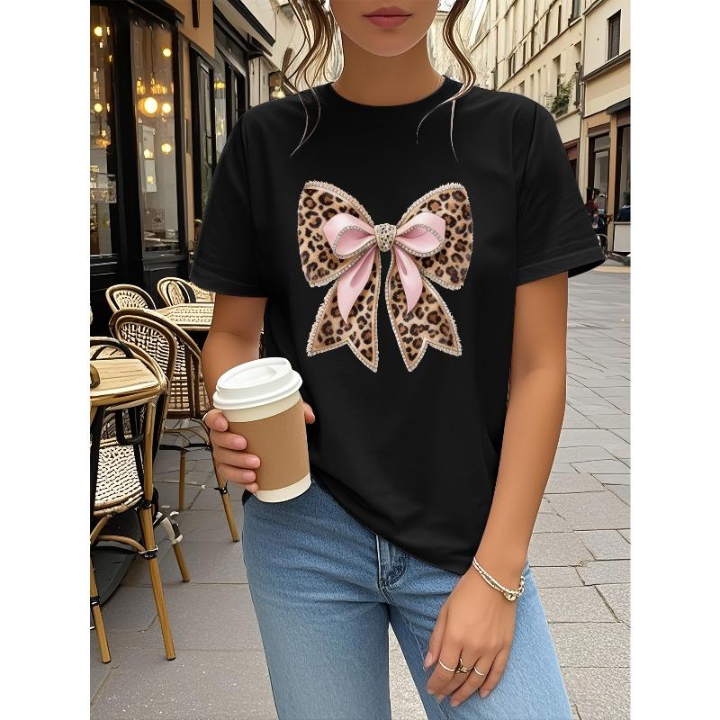 European Size Women's Rhinestone Bow & Leopard Print Short-Sleeve T-Shirt - Sparkling Top with Round Neck, Soft Blouse for Spring Summer Fall Parties
