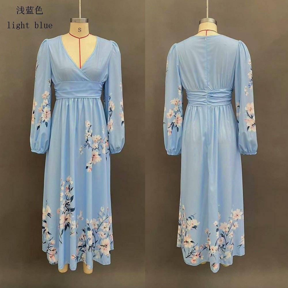 Europäische und amerikanische Damenbekleidung Digitaldruck Blume Langarm V-Ausschnitt Faltenkleid Damen langes Kleid