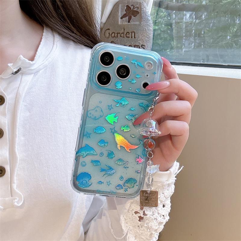 Gradient Blue Laser Fish School Case for iPhone 17/16 Pro Max/15 Pro - High-End Aesthetic