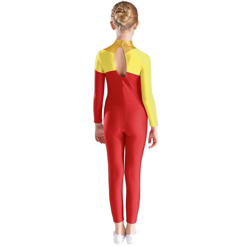 Dívčí výkonnostní kombinéza s metalickým patchworkovým designem, falešným rolákem, dlouhým rukávem a zadním otvorem, gymnastické body