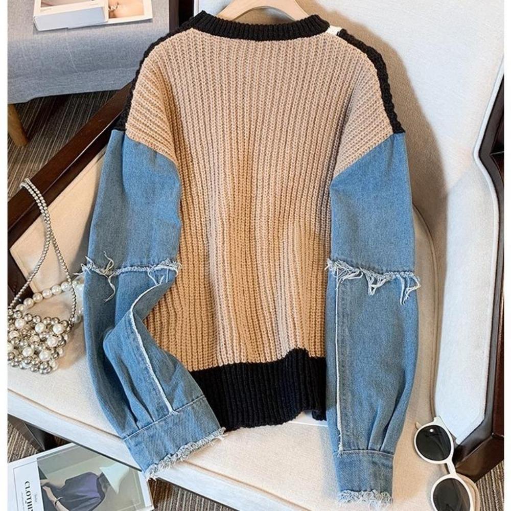 2024 Winter T-Shirt Übergröße Damen Pullover Denim O-Ausschnitt Patchwork Pullover Strick Basic Blau Mode Lockerer Pullover
