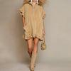 Women's Color Gold Velvet Short Sleeved Double Pocket Zipper Leaf Sleeve
