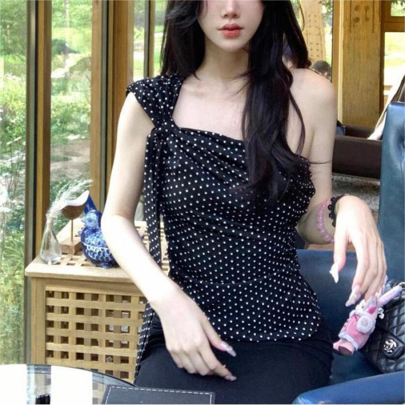 2024 Summer Polka Dot Chiffon Off-Shoulder Camisole - Slim Fit Sexy Style Women's Top