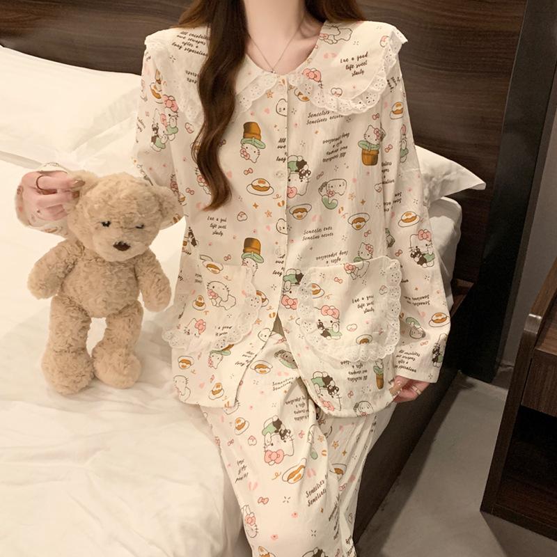 Dessert Cute Lace Doll Collar Pajamas Women'S Spring And Autumn Cloud Cotton Long Sleeves Cute Cartoon Loungewear Set