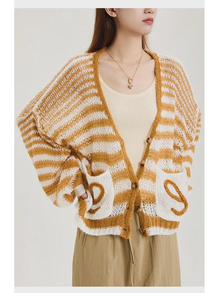 Women's Striped V-Neck Knit Cardigan Sweater - Lightweight, Loose, and Casual for Spring & Fall