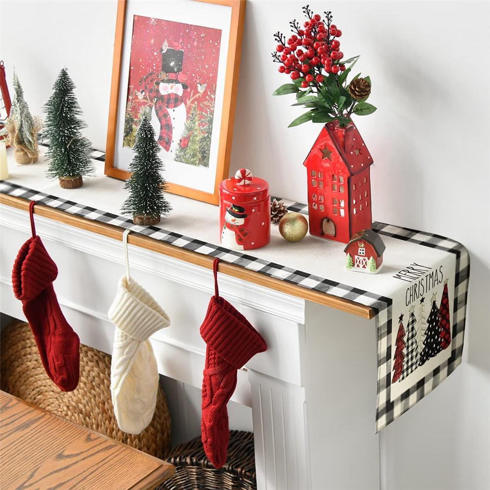 Plaid Merry Christmas Tree Table Runner Kitchen Dining Table Cloth Decoration