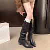 Pleated Thick Heels Boots Women 2025 Autumn Pointed Toe Pu Leather Mid Calf Boots Woman Gothic Slip on Designer Shoes