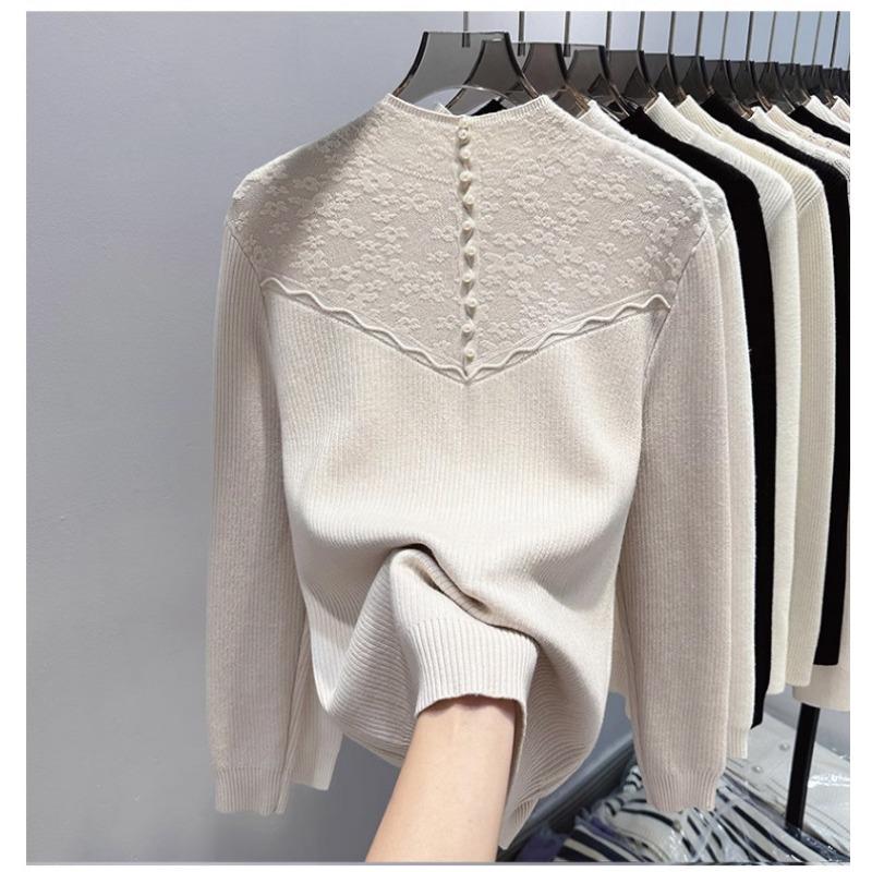 Autumn Winter Half High Collar Lace Patchwork Velvet Warm Sweater Women Elegant All-match Bottomed Knitting Top