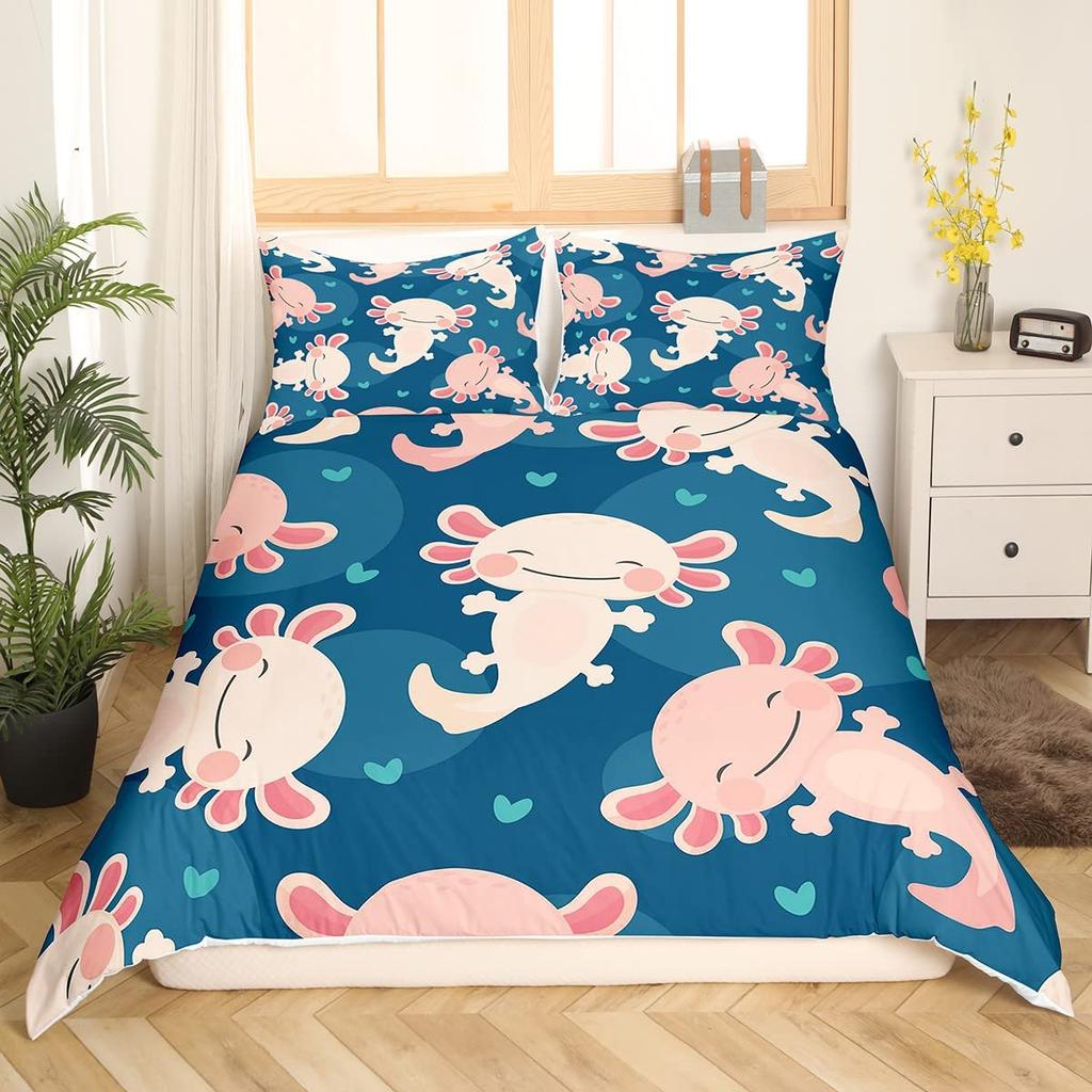 Cartoon Axolotl Duvet Cover Set King/Queen Size Kids Girls Boys Cute Rainbow Sea Wildlife Animal Reptile Bedding Set