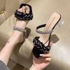 Crystal high-heeled sandals women's new transparent thick-heeled rhinestones outside cool slippers square head one-word women's slippers 42