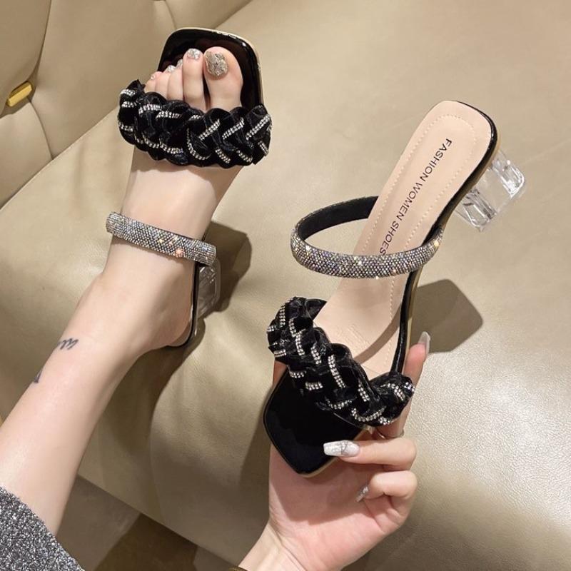 Crystal high-heeled sandals women's new transparent thick-heeled rhinestones outside cool slippers square head one-word women's slippers 42