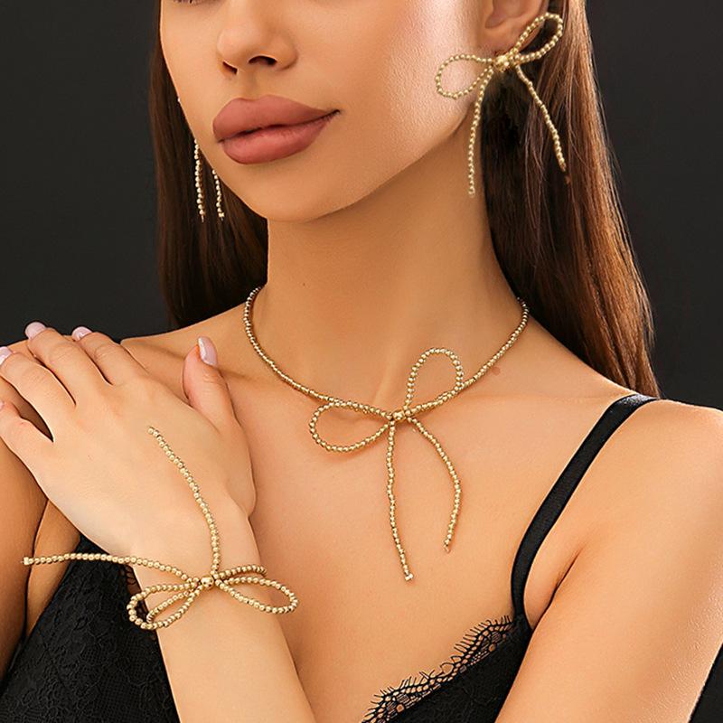 Personalized Sweet Cool Bow Collar Female, Niche Beaded Knot Necklace Bow Earrings