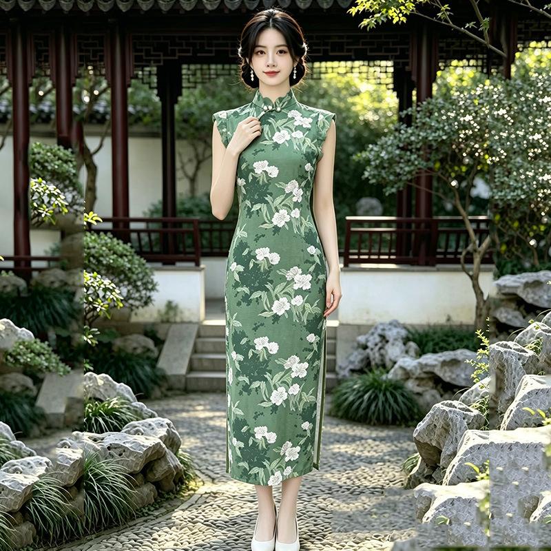 Green Daily Sleeveless National Style New Chinese Style Suzhou Long Cheongsam Improved Young 1011 New Women's High Sense