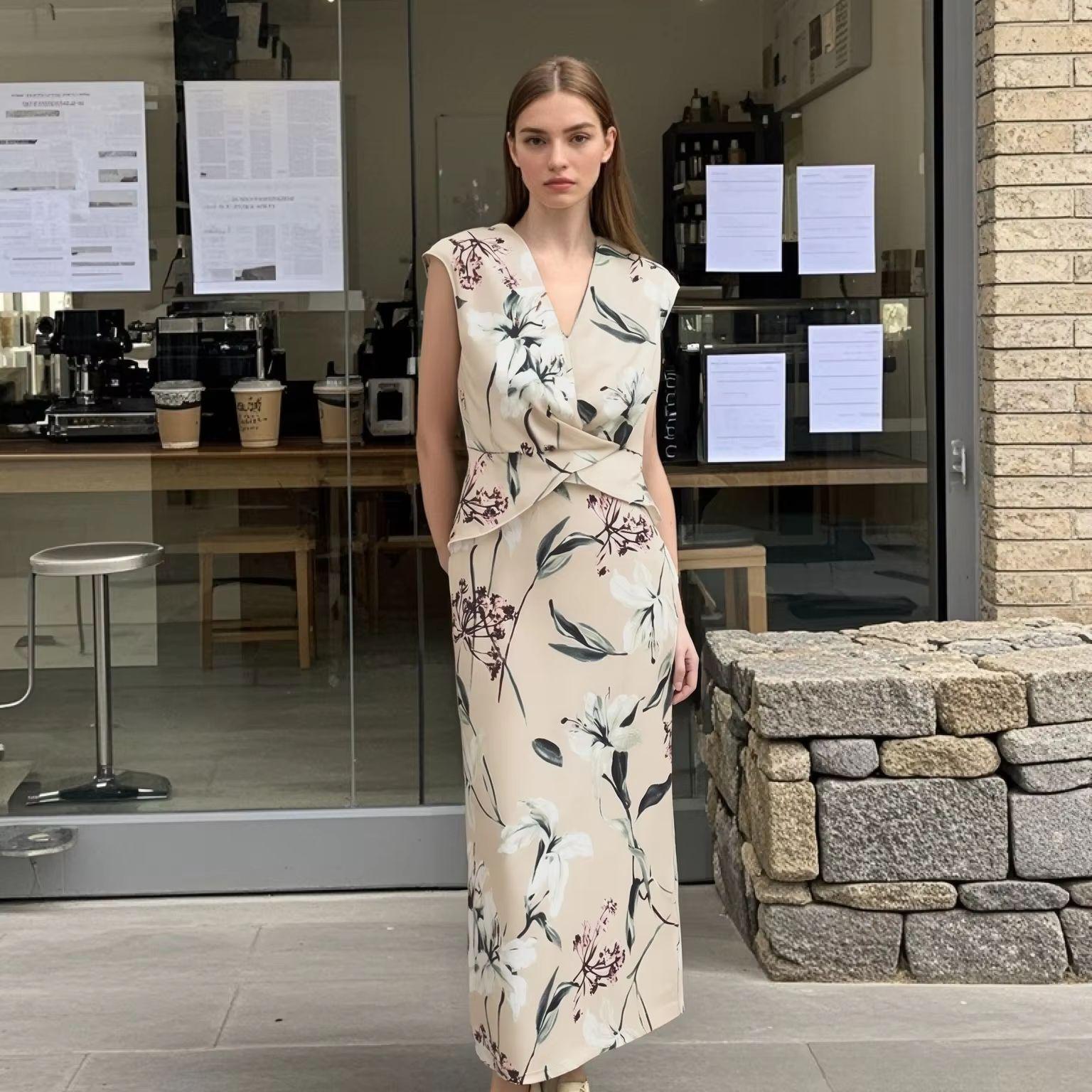 

Spring/Summer 2025 Floral Silk Satin V-Neck Dress - Women s Slim Fit Extra Small