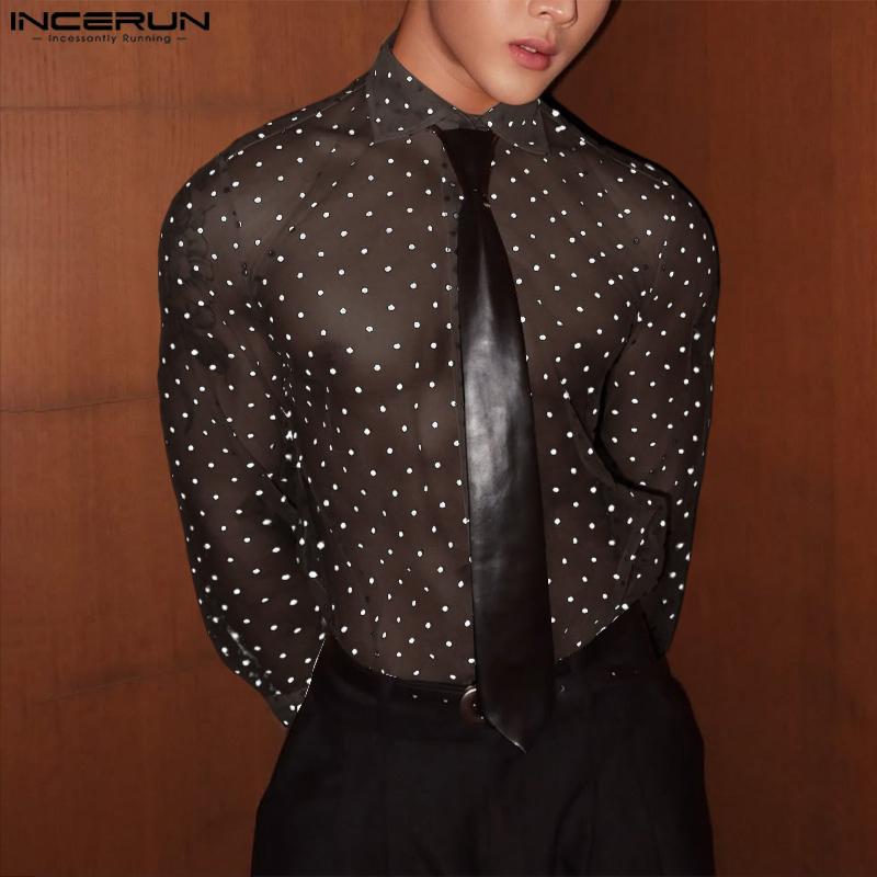INCERUN Men Lapel Neck Long Sleeve Mesh Sheer Polka Dots Shirts