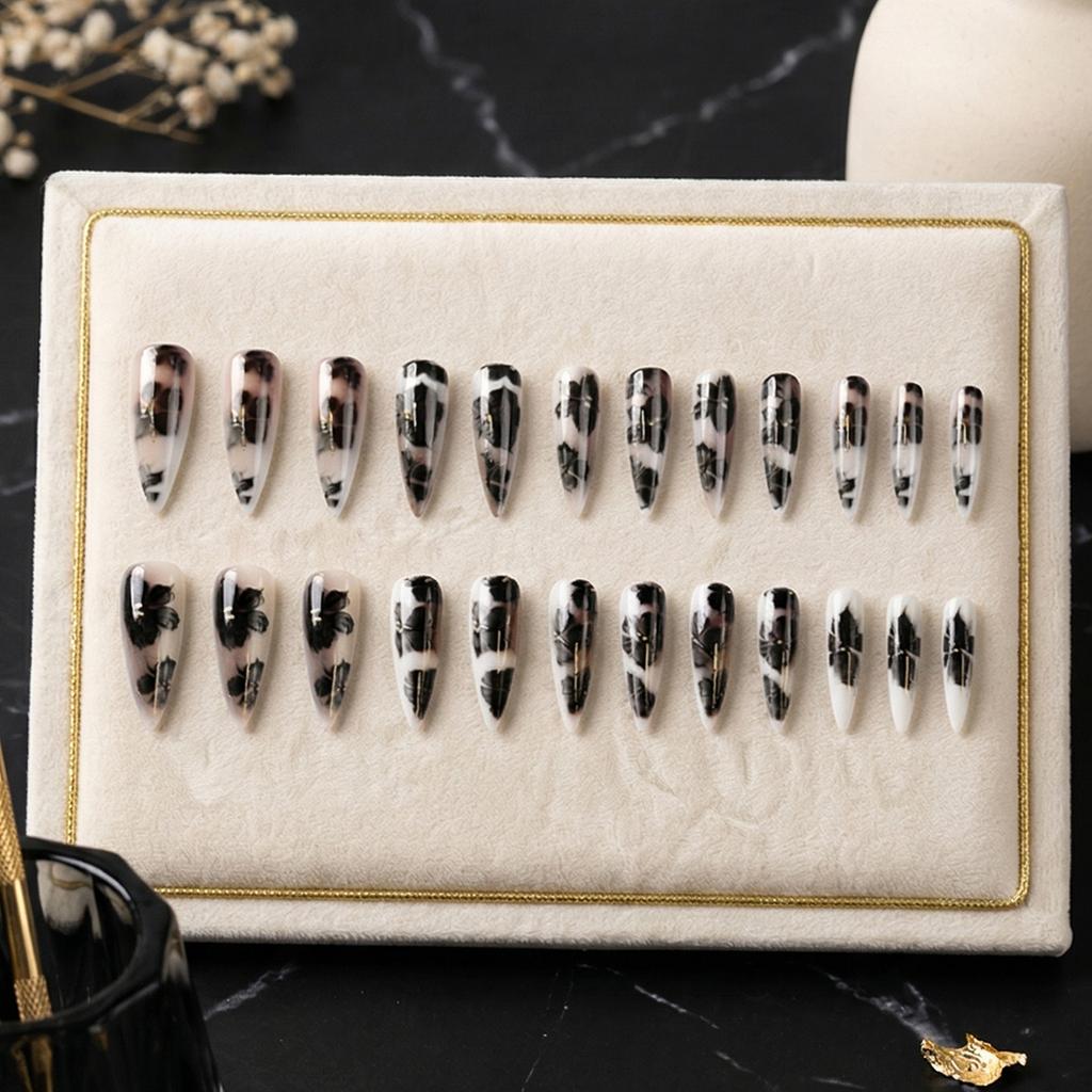 24Pcs Fake Nails Black-Gold Floral False Nails Self-adhesive Press Nails Wearable Nail Tips For Women Daily Wear Nails Tips