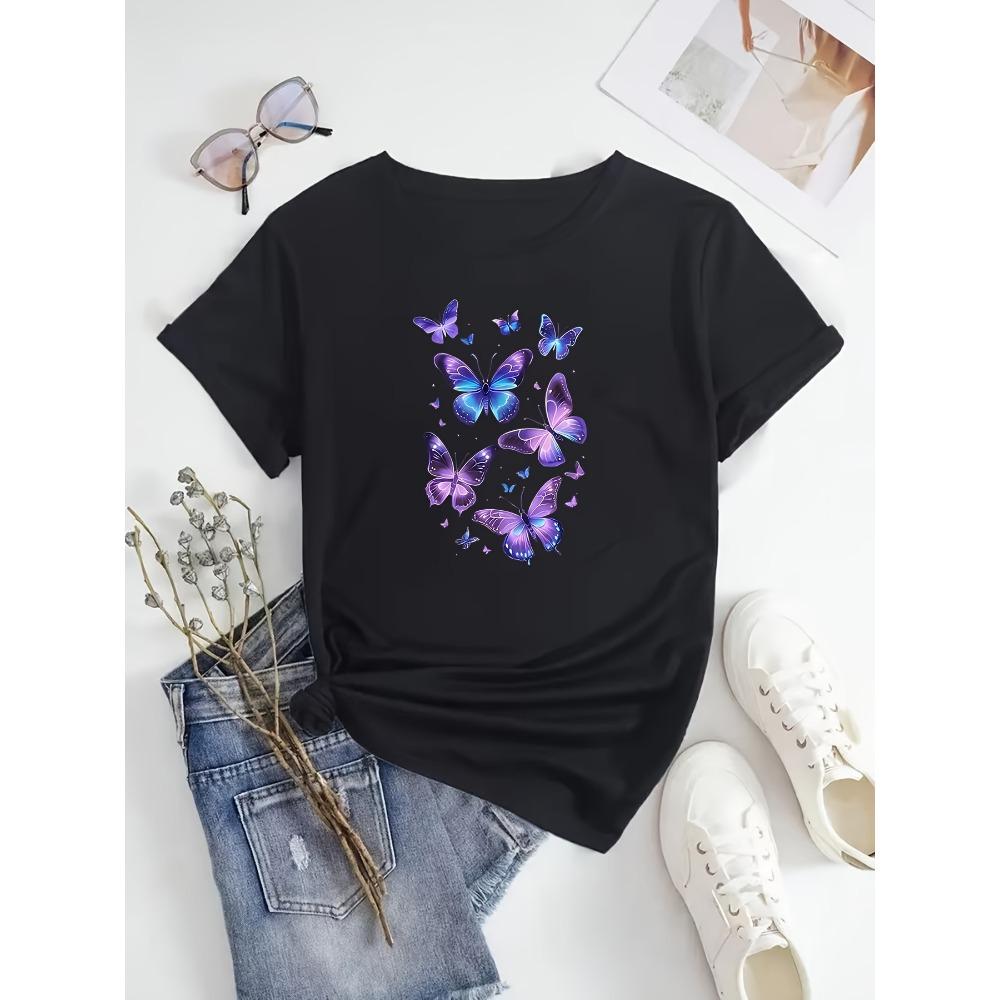 Women's Sports Butterfly Print Short-Sleeve T-Shirt - Stretch Comfort Crew Neck Top