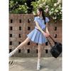 Women's Summer Blue Striped Polo Collar Pleated Shirt Dress with Waist-Cinching Design